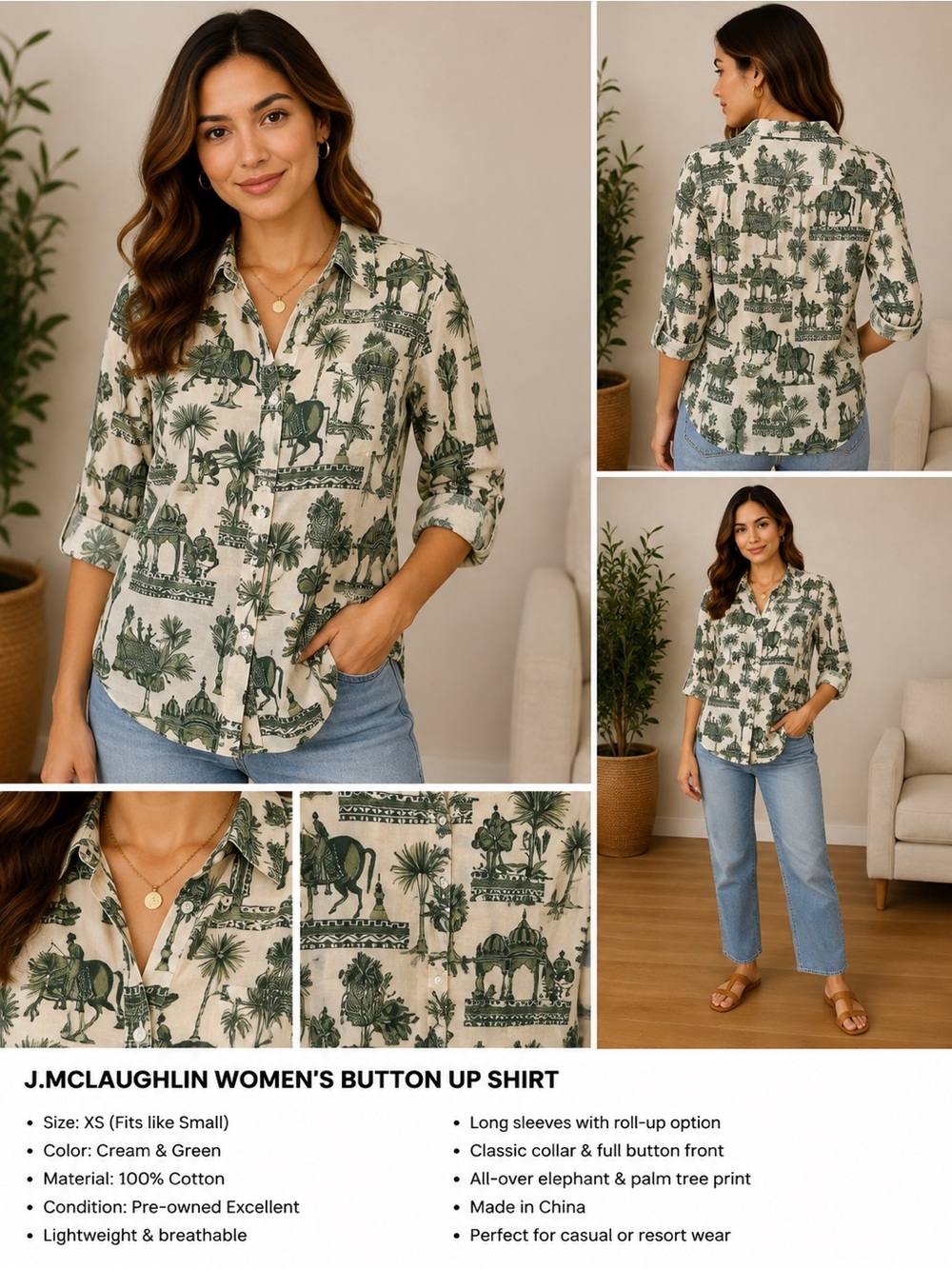 J.McLaughlin Women’s XS Button Down Shirt Elephant Palm Print 100% Cotton Green